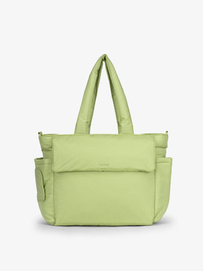 CALPAK Diaper Tote Bag with Laptop Sleeve made with durable, recycled, water-resistant material and a magnetic front pocket closure lime; TBB2401-LIME view 1