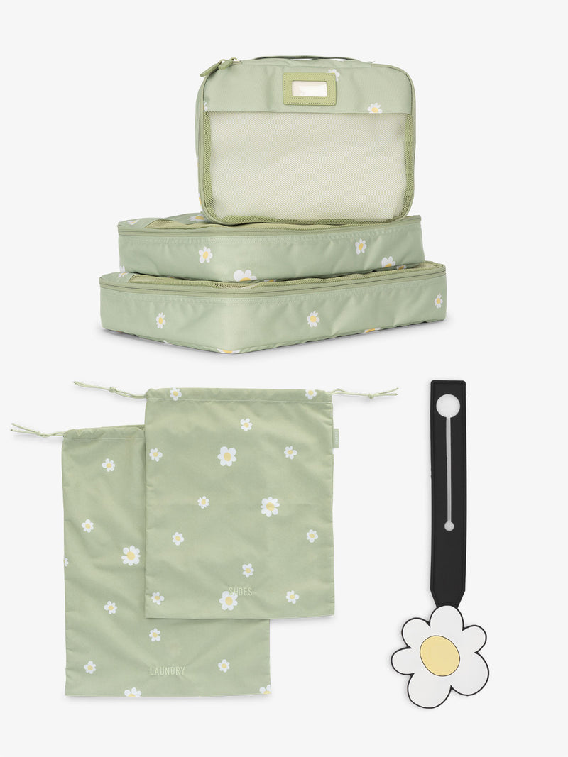 Limited edition daisy print CALPAK Evry Starter Bundle packing cube set of 5 and luggage tag included in set