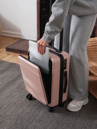 pink CALPAK Hue hard shell carry-on spinner luggage with laptop compartment; LHU1020-PINK-SAND view 2