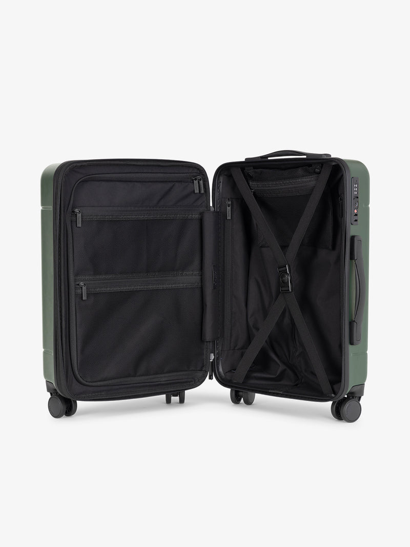 CALPAK Hue Front Pocket Carry-On Luggage open interior with telescopic handle in green Emerald