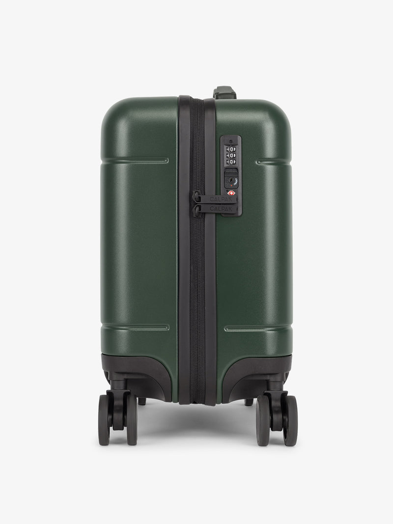 CALPAK Hue Mini Carry-On Luggage side view with TSA-friendly lock in green Emerald