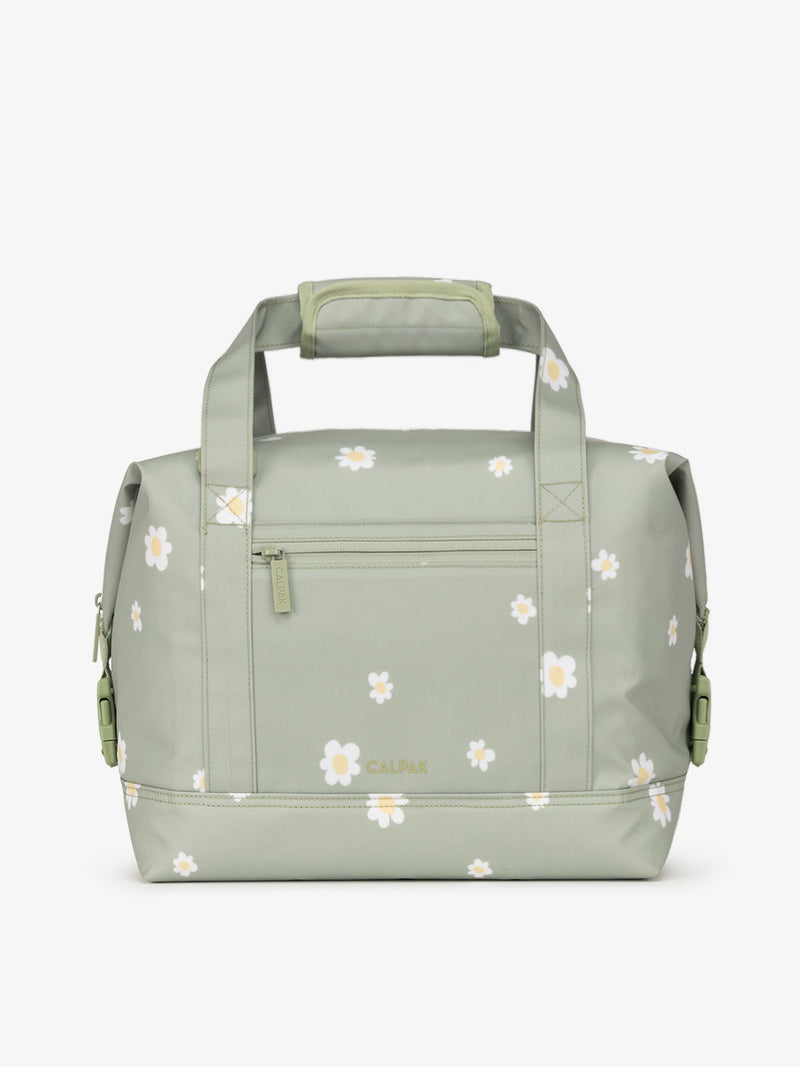 Green daisy print 17L insulated cooler bag with multiple exterior pockets and water-resistant lining by CALPAK