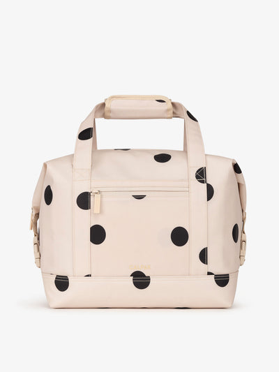 Black and white polka dot printed 17L insulated cooler bag with multiple exterior pockets and water-resistant lining; ISCL2401-POLKA-DOT view 1