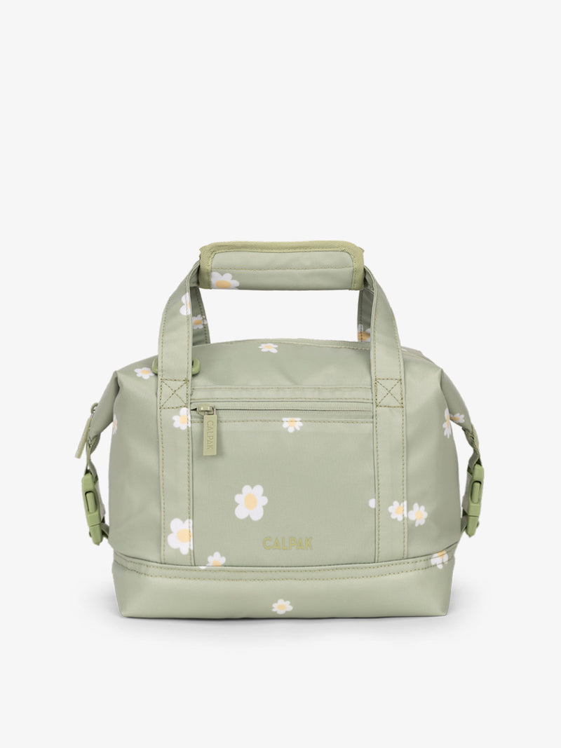 Green daisy printed 8L insulated cooler bag with multiple exterior pockets and water-resistant lining by CALPAK