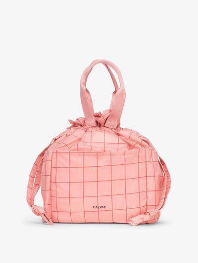 CALPAK Insulated Lunch Bag in pink grid print; ALB2001-PINK-GRID