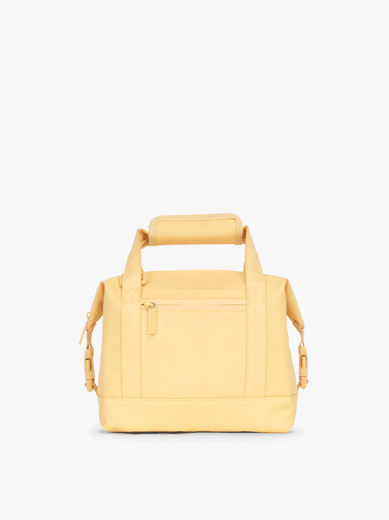 CALPAK 8L insulated soft sided cooler bag with durable TPU coated exterior material and side buckles that allow for expansion in yellow Lemonade