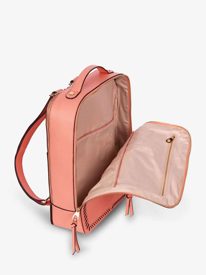 CALPAK Kaya 15 inch Laptop Backpack with top handle, adjustable straps and multiple pockets in coral pink