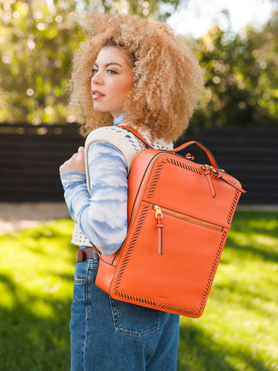 CALPAK Kaya laptop backpack in orange papaya; BP1702-SQ-PAPAYA view 2