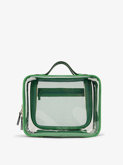 CALPAK Large clear makeup bag with zippered compartments in green apple; CCC2001-GREEN-APPLE