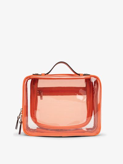 CALPAK Large clear makeup bag with zippered compartments in papaya; CCC2001-PAPAYA view 1