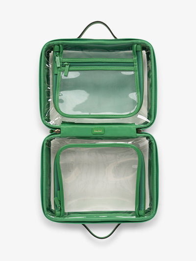 CALPAK large transparent water resistant travel makeup bag with compartments in green