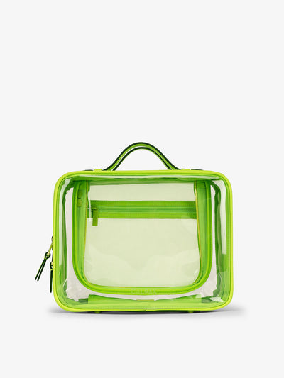 CALPAK Large clear makeup bag with zippered compartments in electric lime; CCC2001-ELECTRIC-LIME view 1