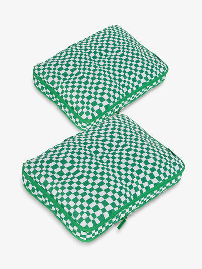 CALPAK Large Compression Packing Cubes in green and white checkerboard; PCL2301-GREEN-CHECKERBOARD view 1