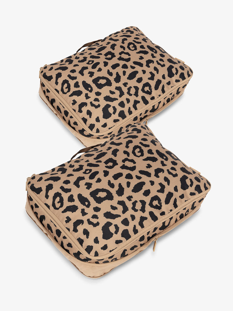 CALPAK large packing cubes with top handles and expandable by 4.5 inches in cheetah brown