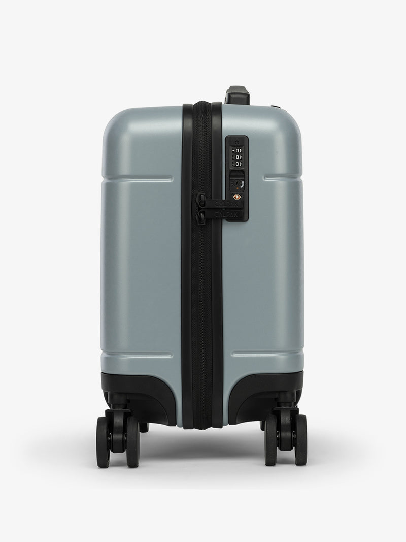 CALPAK Hue Mini Carry-On Luggage in blue Bluebell side with TSA-friendly lock