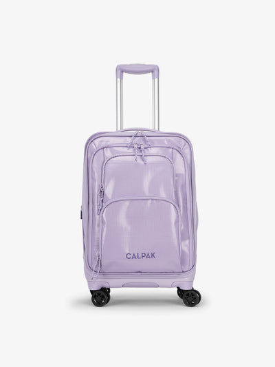 Studio product shot of front-facing CALPAK Terra Carry-On luggage with soft shell and 360 spinner wheels in amethyst; LTE1020-AMETHYST