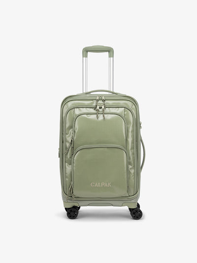 Studio product shot of front-facing CALPAK Terra Carry-On luggage with soft shell and 360 spinner wheels in juniper model