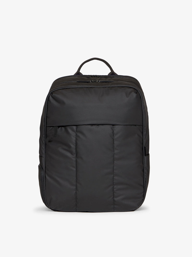 CALPAK Luka 17 inch Laptop Backpack featuring soft, puffy exterior and water resistant lining in matte black