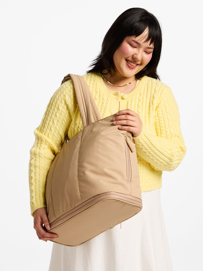 CALPAK Luka expandable tote bag with laptop compartment and padded straps in latte; ALT2201-LATTE view 2