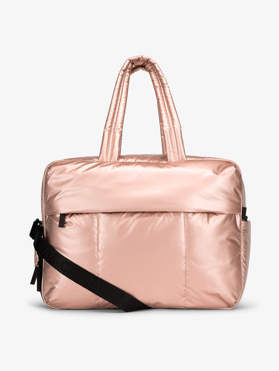 CALPAK Luka large duffle bag with detachable strap and zippered front pocket in metallic pink; DLL2201-ROSE-GOLD view 1