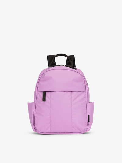 CALPAK Luka Mini Backpack with soft puffy exterior and front zippered pocket in light purple lilac