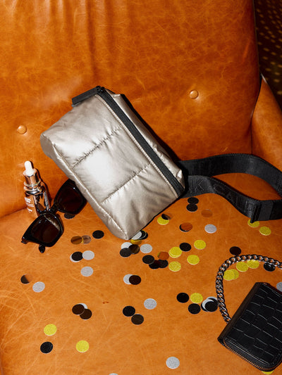 CALPAK Luka Mini Belt Bag with soft puffy exterior in silver gunmetal; BBM2201-GUNMETAL view 2