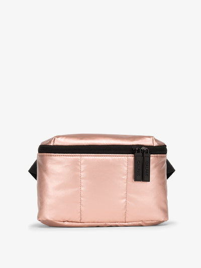 CALPAK Luka Mini Belt Bag with soft puffy exterior in metallic rose gold; BBM2201-ROSE-GOLD view 1