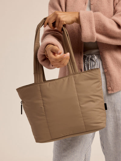 CALPAK Luka Mini Tote with soft, puffy exterior in chocolate; ALM2401-CHOCOLATE view 2