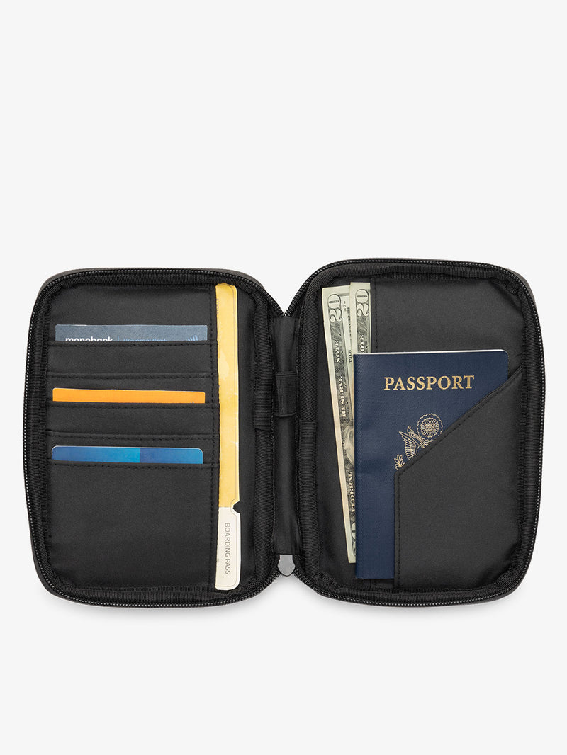 Interior close up of CALPAK Luka Zippered Passport Wallet featuring card slots, passport slip pocket, and pen loops in black