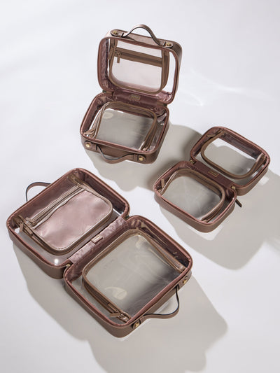 CALPAK Medium clear makeup bag with compartments in metallic bronze; CMM2201-BRONZE view 2