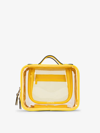 CALPAK Medium clear makeup bag with compartments in lemon yellow; CMM2201-LEMON