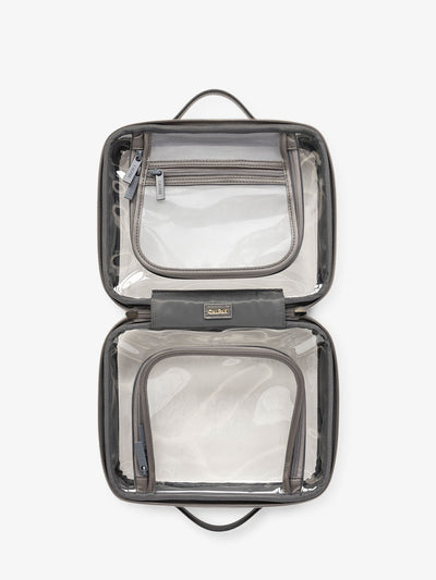 CALPAK clear travel makeup bag with zipper enclosed compartments in metallic steel