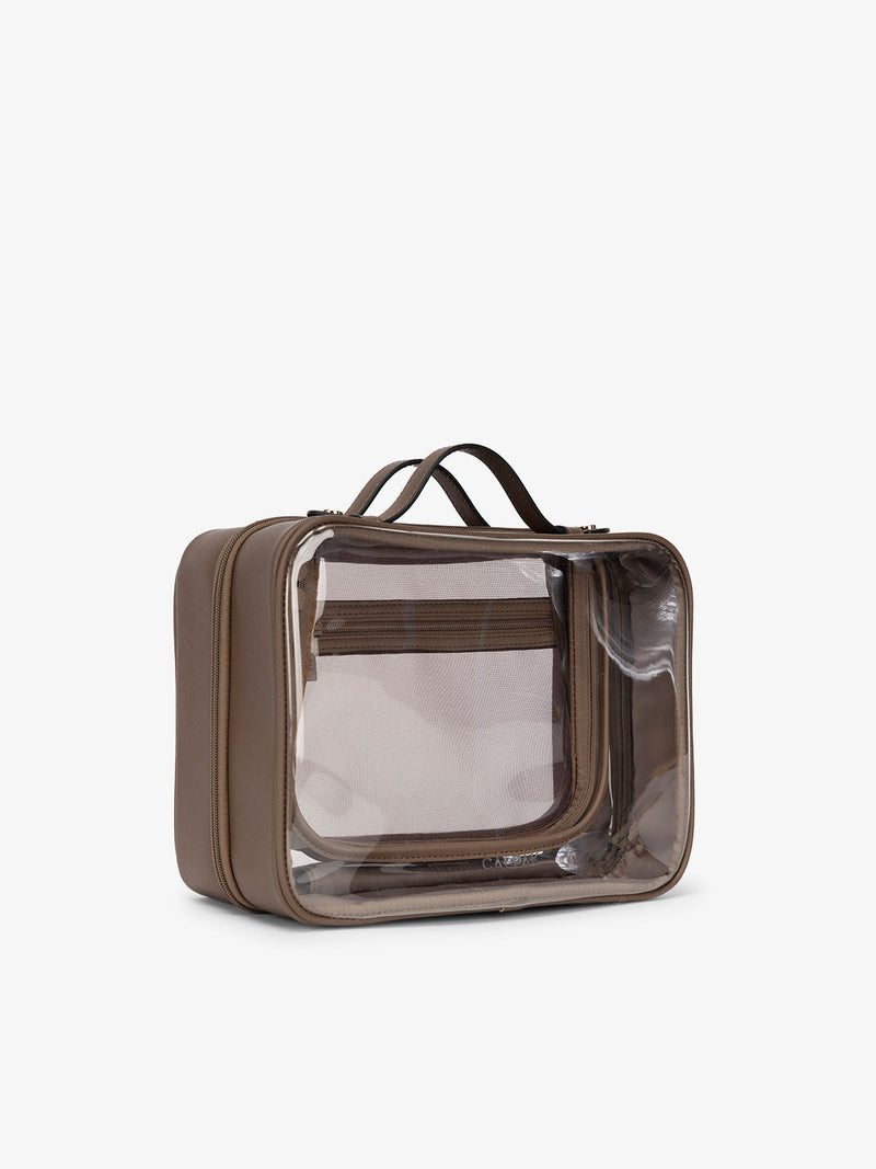 CALPAK clear makeup bag with top handles in mocha