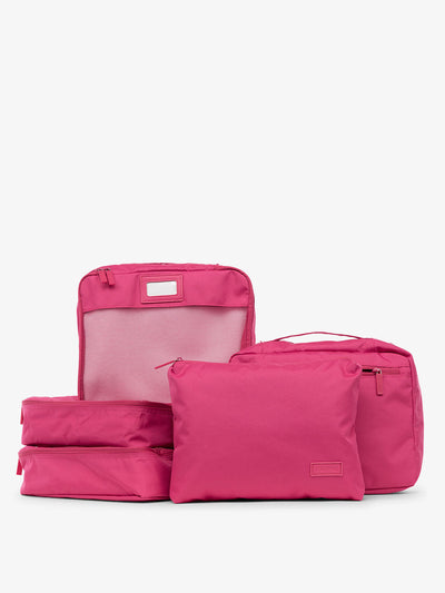 CALPAK 5 piece set packing cubes for travel with labels and top handles in dragonfruit; PC1601-DRAGONFRUIT view 1