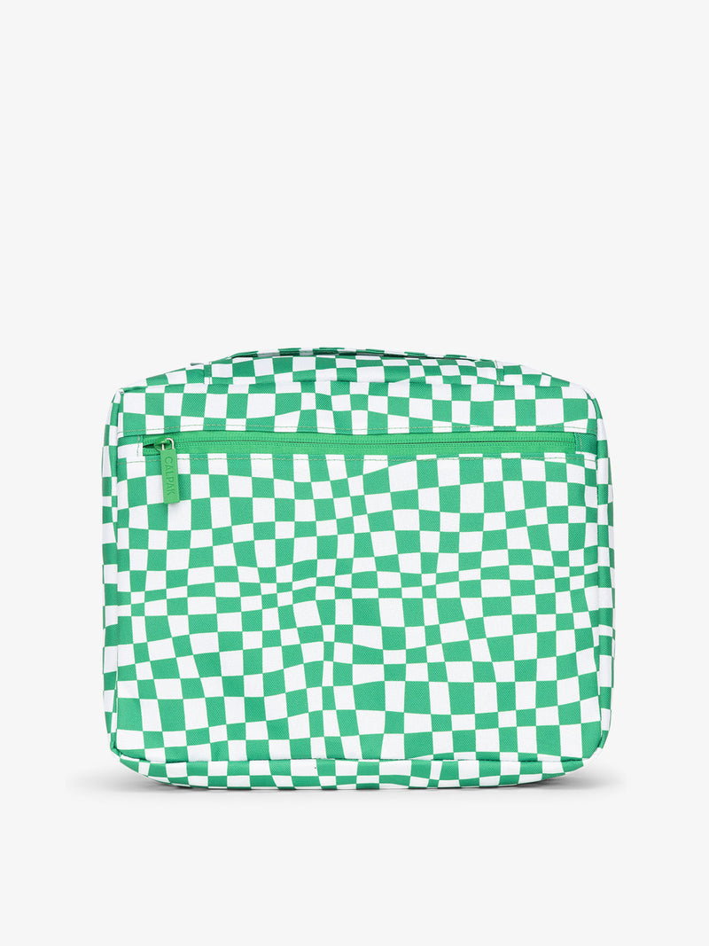 CALPAK zippered mesh organizers with top handle in green checkerboard pattern