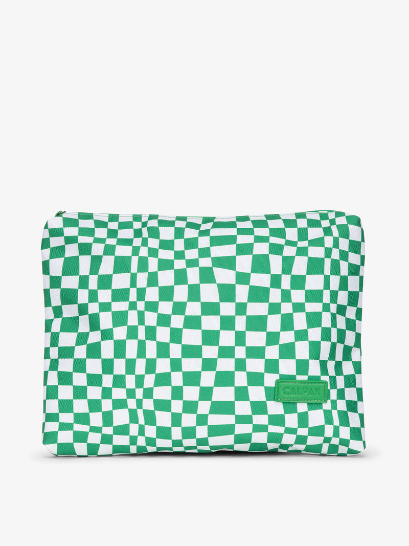 CALPAK water-resistant travel pouch for luggage in green checkerboard