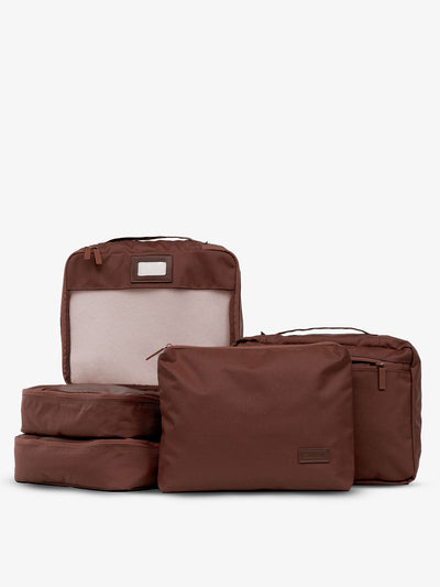 CALPAK 5 piece set packing cubes for travel with labels and top handles in brown walnut; PC1601-WALNUT view 1