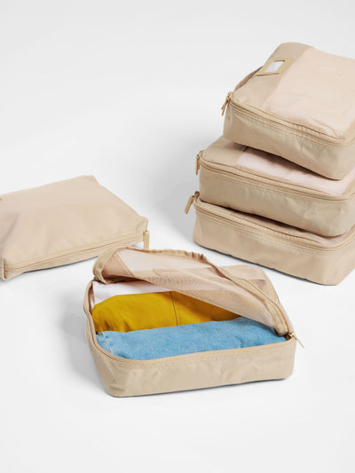 CALPAK 5 piece set packing cubes for travel with labels and top handles in beige; PC1601-OATMEAL view 2