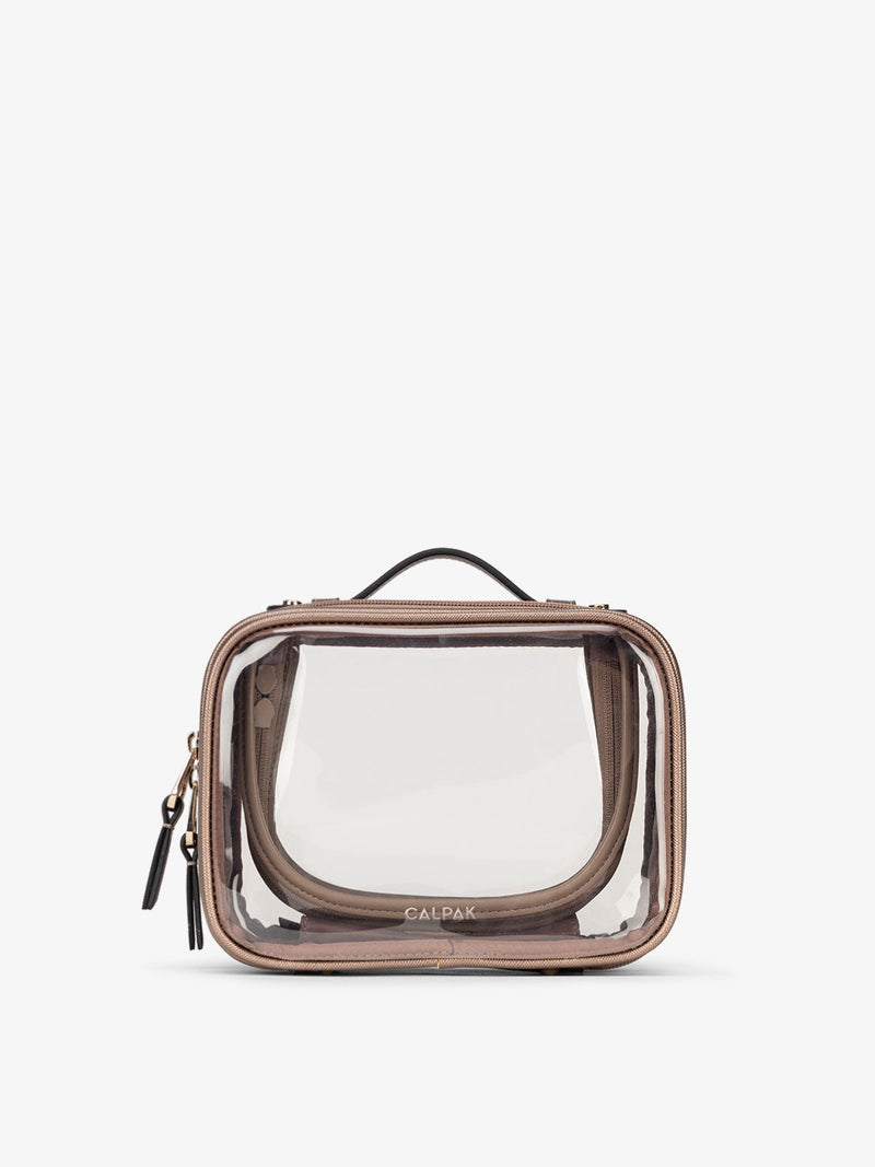 CALPAK small clear makeup bag with zippered compartments in metallic bronze