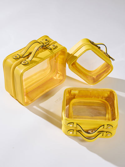 Yellow sturdy Clear Cosmetic Cases in small, medium and large offerings