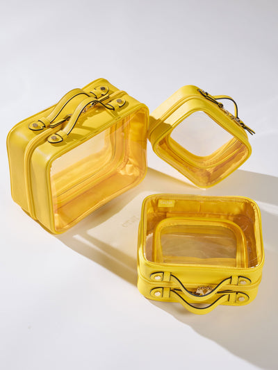 CALPAK small clear makeup bag with zippered compartments in yellow; CCM2001-LEMON view 2