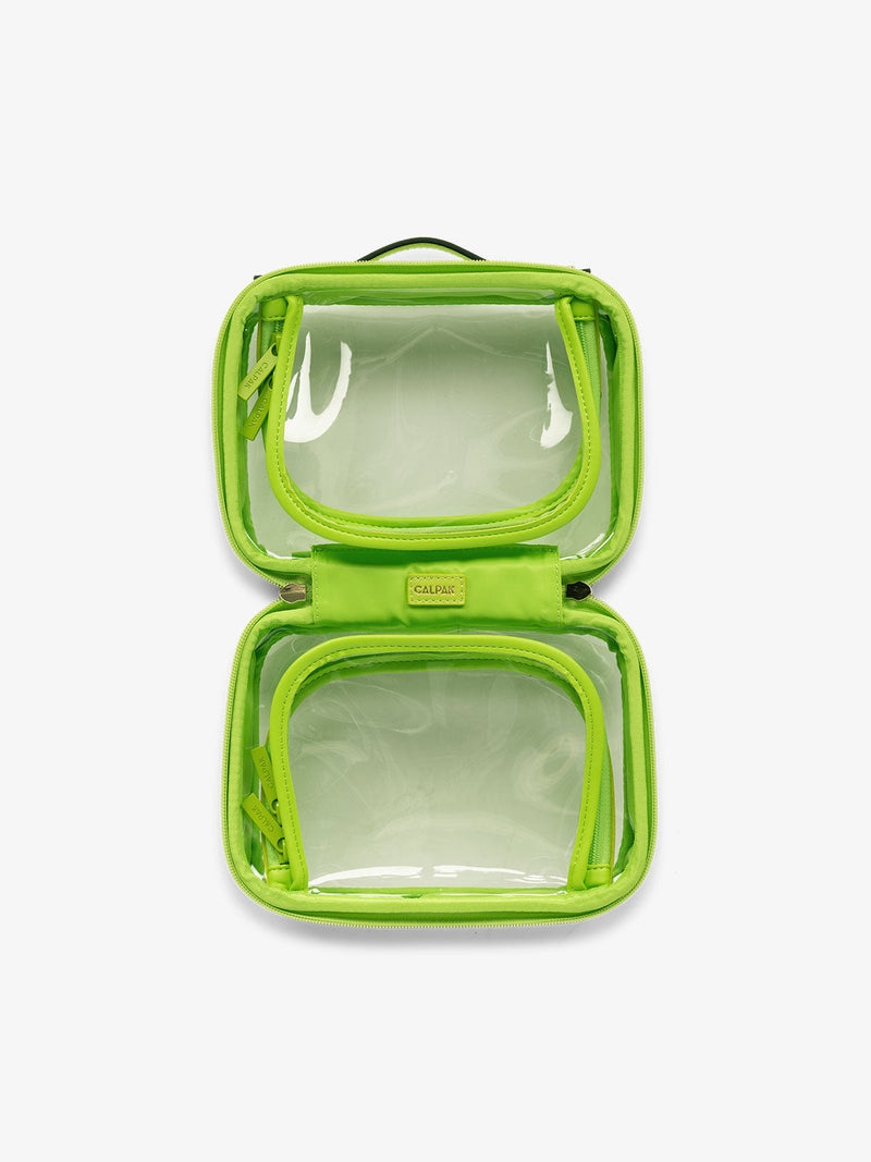 CALPAK small clear skincare bag with multiple zippered compartments in electric green