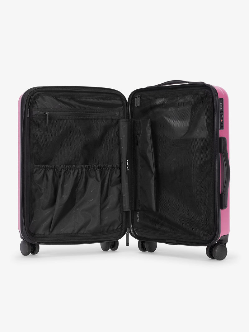 CALPAK Luggage bundle interior compartments in raspberry pinkish purple