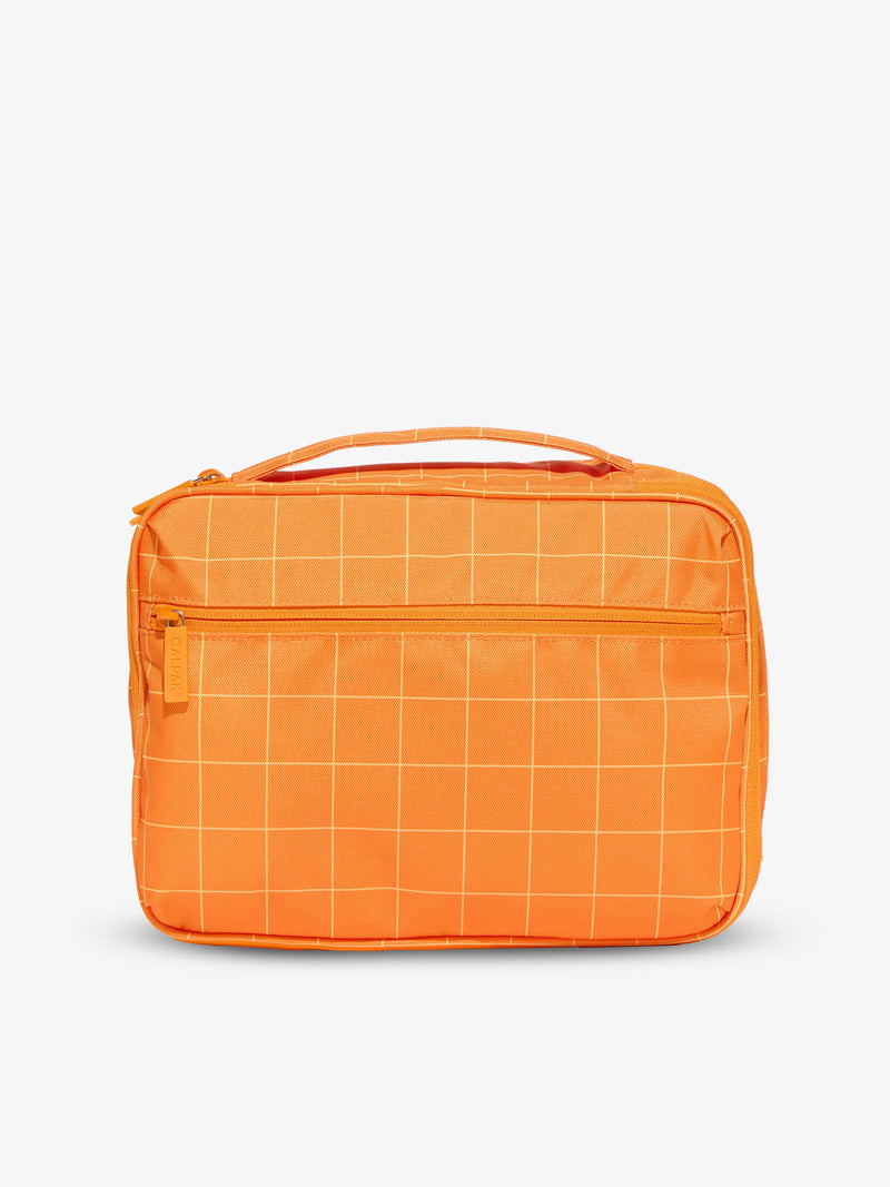 Tablet organizer for tablet with mesh pocket for supplies and cords in orange grid by CALPAK