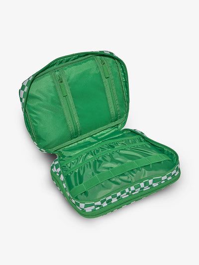 CALPAKs Green checkerboard tablet tech organizer with multiple pockets and loops for electronics and belongings