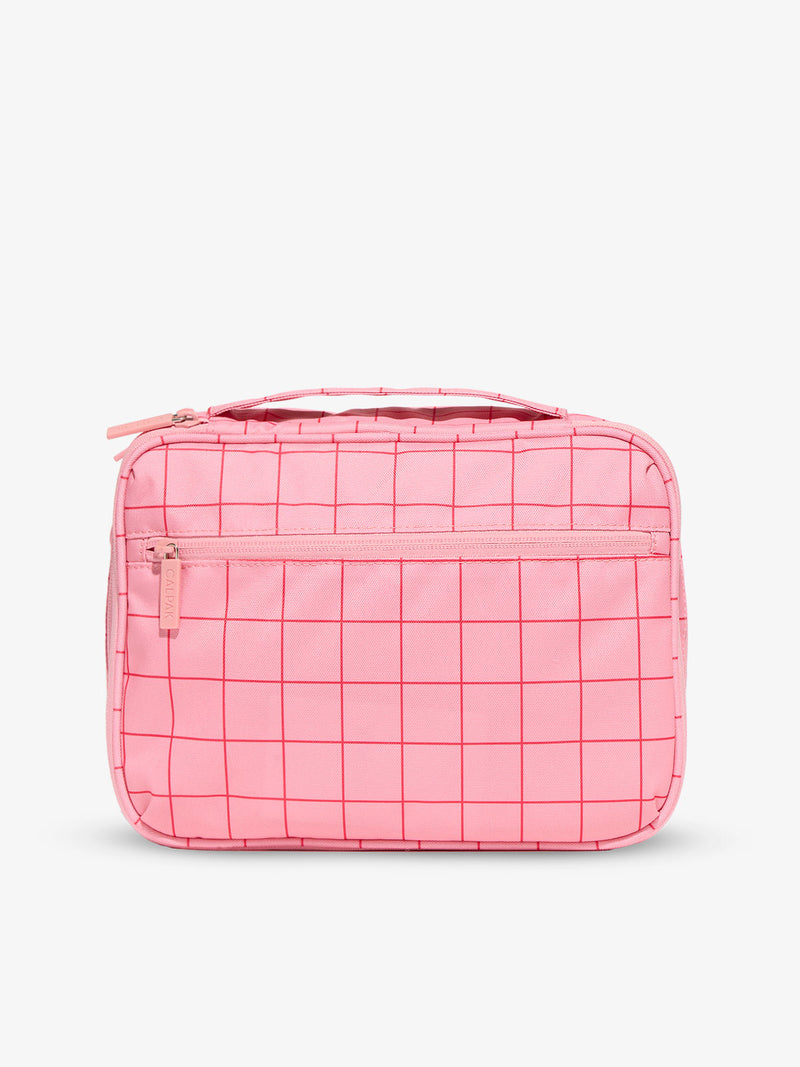 Back-view of CALPAK Tablet Tech Organizer with zippered pocket in pink grid