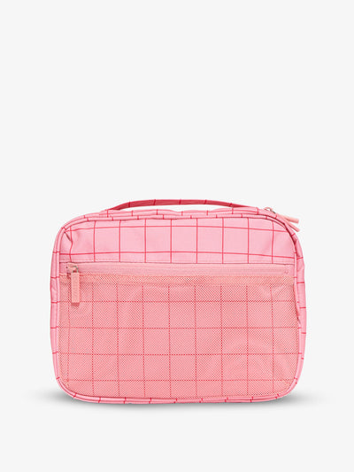 Tablet organizer with mesh pocket for supplies and cords in pink grid by CALPAK