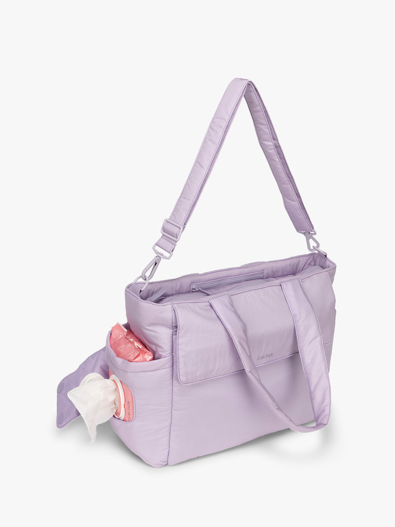 CALPAK Diaper Tote bag in lavender purple Orchid with side compartment sleeve