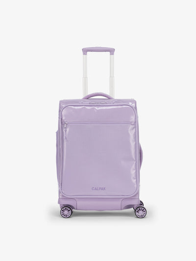 Studio product shot of front-facing CALPAK Terra 35L Carry-On luggage with soft shell and 360 spinner wheels in amethyst; LTR1020-AMETHYST view 1