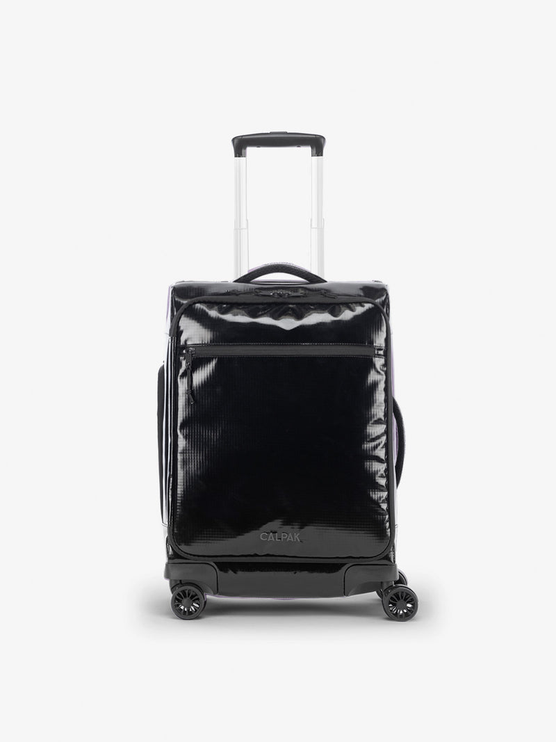 Studio product shot of front-facing CALPAK Terra 35L Carry-On luggage with soft shell and 360 spinner wheels in black obsidian